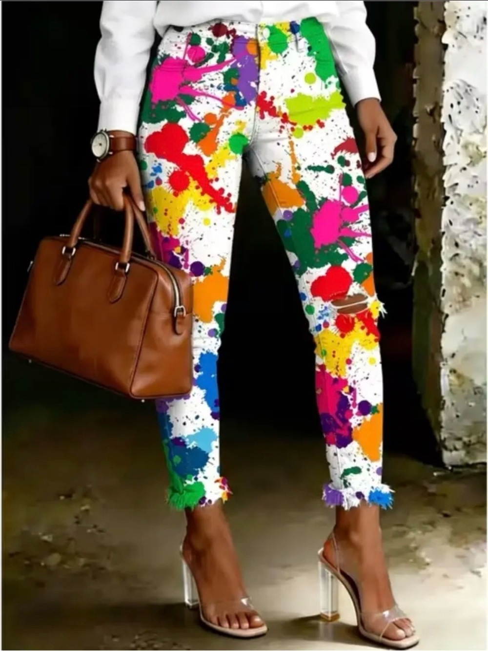 White Paint-Splash Skinny Pants